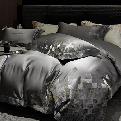 Luxury embroidery bedding set in pearl white & grey – bedroom