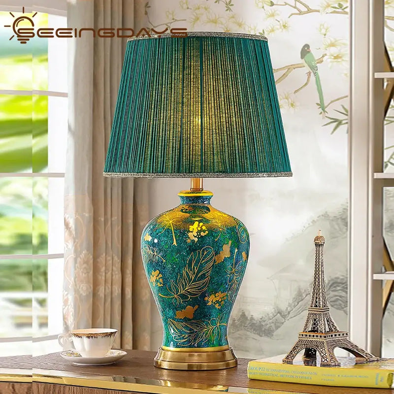 Luxury emerald queen green ceramic table lamp for bedroom lighting
