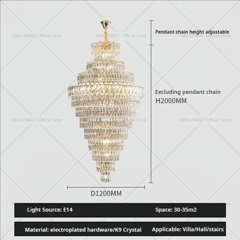 Luxury gold and clear crystal chandelier for living room staircase
