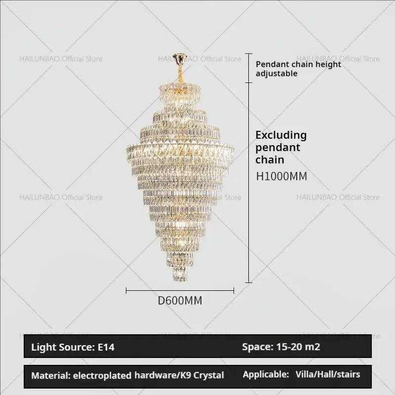 Luxury gold and clear crystal chandelier for living room staircase