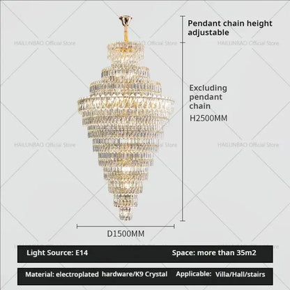 Luxury gold and clear crystal chandelier for living room staircase