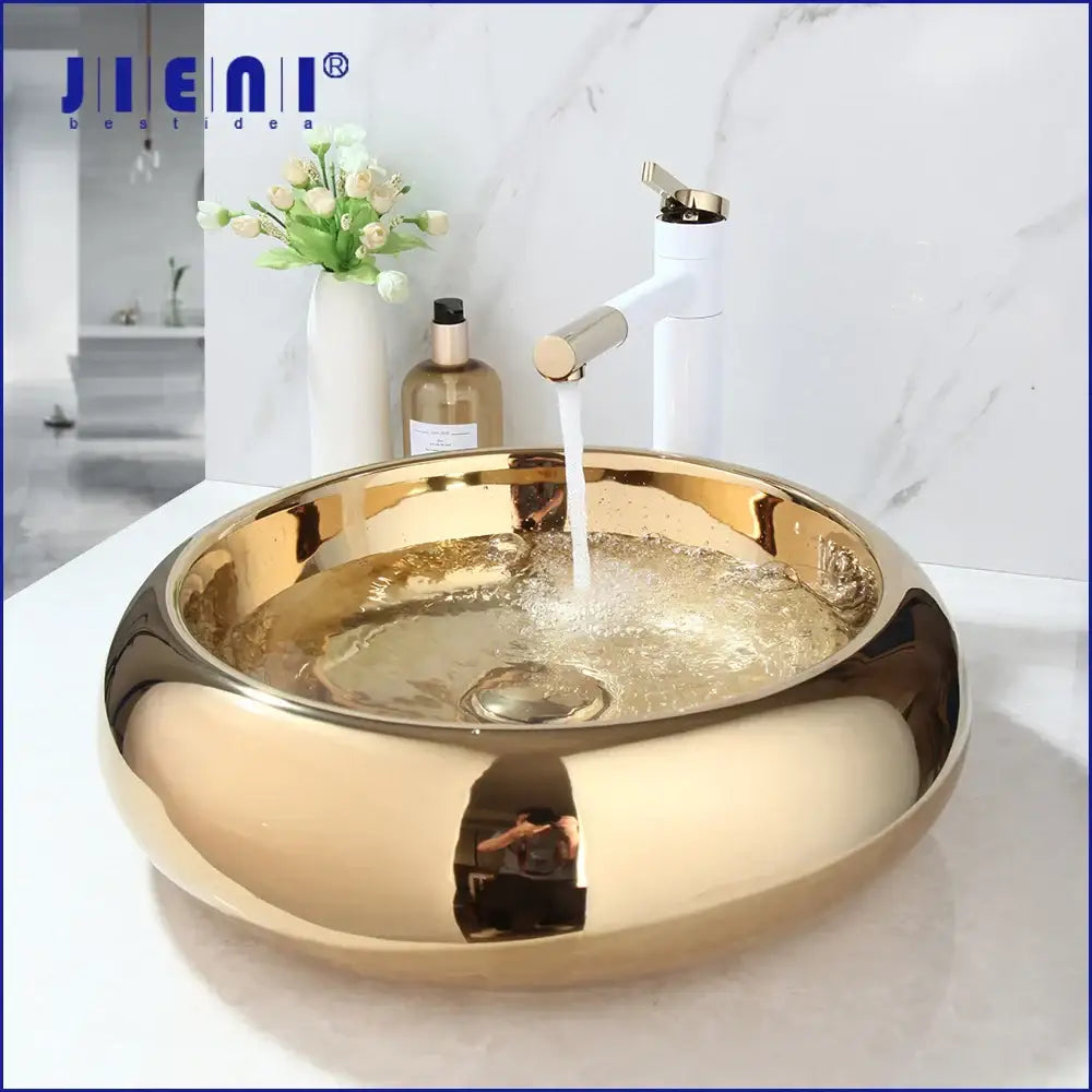 Luxury gold ceramic vessel sink and bath mixer set bathroom