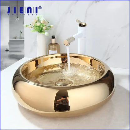 Luxury gold ceramic vessel sink and bath mixer set bathroom