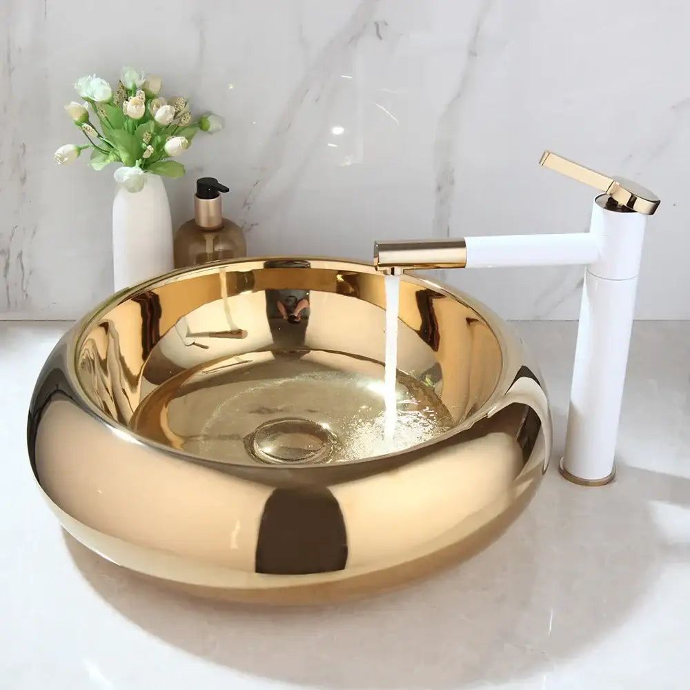 Luxury gold ceramic vessel sink and bath mixer set bathroom