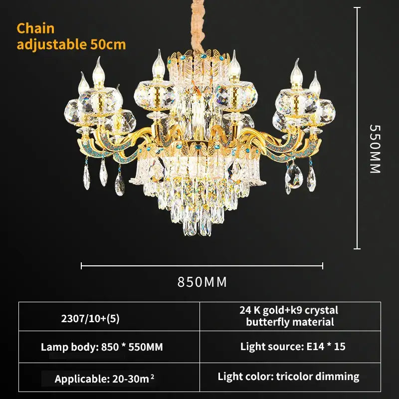 Luxury gold crystal candle chandelier for dining room