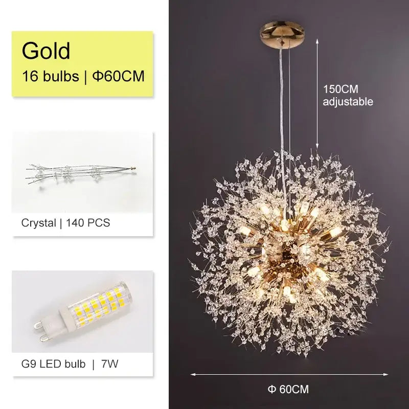 Luxury gold crystal dandelion chandelier living room light