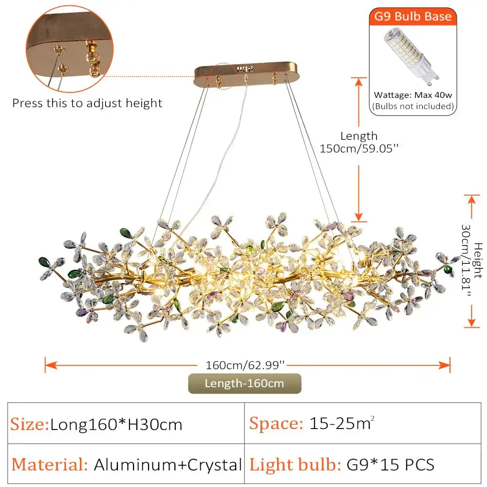 Luxury gold crystal flowers chandelier dining room tree branch light