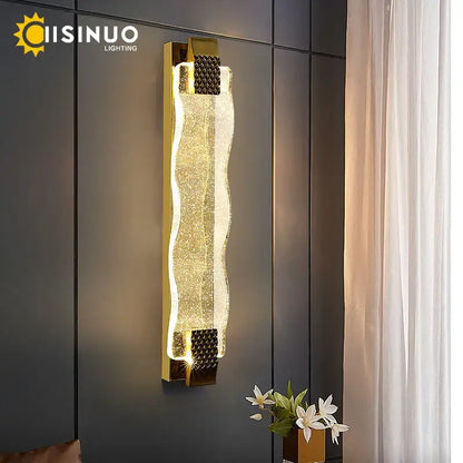 Luxury gold crystal led wall sconce living room textured glass light