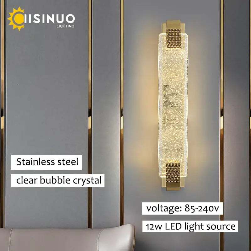 Luxury gold crystal led wall sconce living room textured glass light