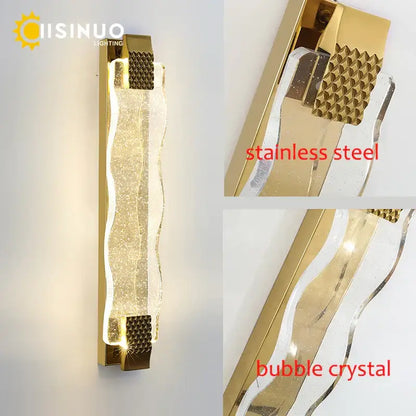Luxury gold crystal led wall sconce living room textured glass light