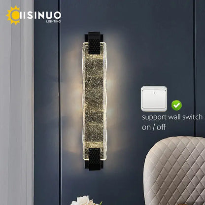 Luxury gold crystal led wall sconce living room textured glass light