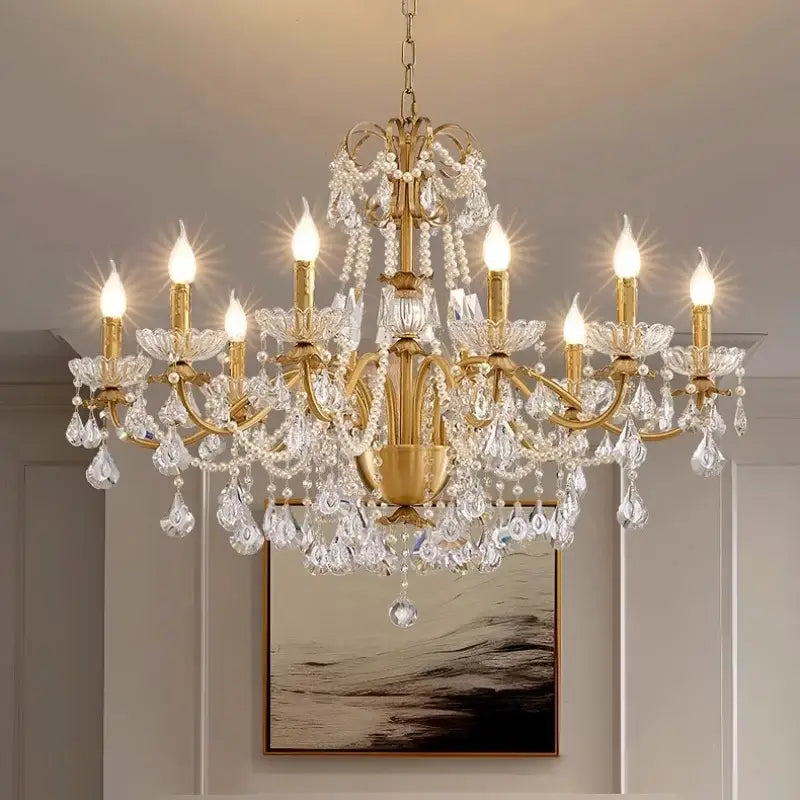 Luxury gold crystal pendant chandelier foyer light with pearl strands