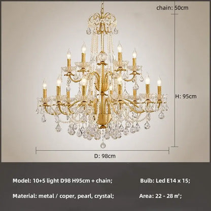 Luxury gold crystal pendant chandelier foyer light with pearl strands