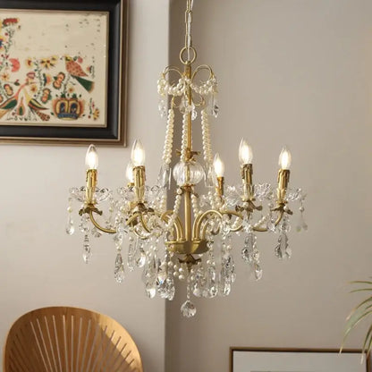 Luxury gold crystal pendant chandelier foyer light with pearl strands