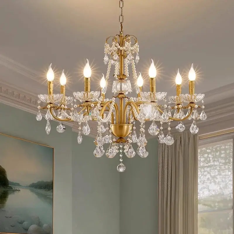 Luxury gold crystal pendant chandelier foyer light with pearl strands
