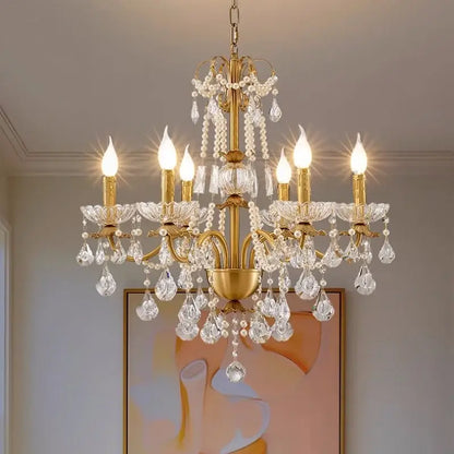 Luxury gold crystal pendant chandelier foyer light with pearl strands
