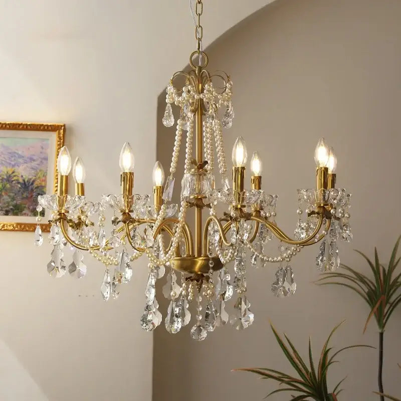 Luxury gold crystal pendant chandelier foyer light with pearl strands
