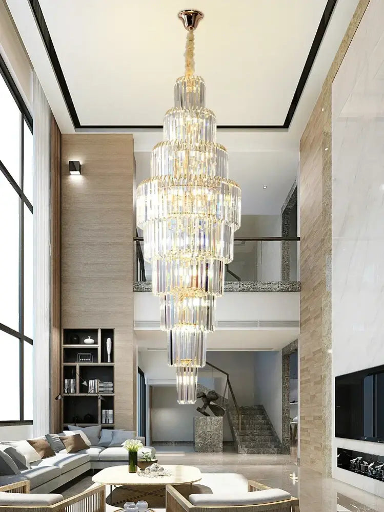 Luxury gold crystal pendant chandelier – hotel lobby tiered glass light