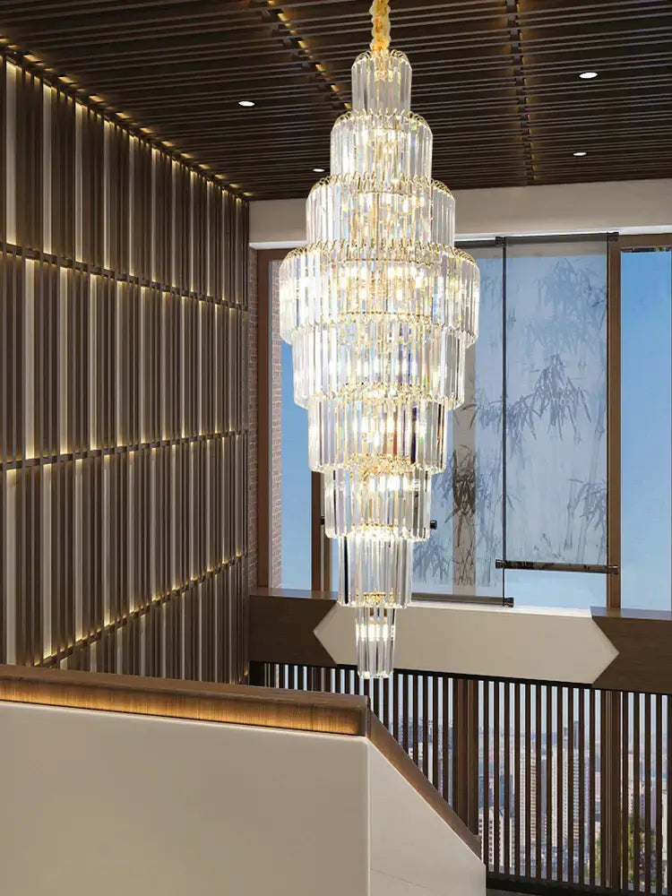 Luxury gold crystal pendant chandelier – hotel lobby tiered glass light