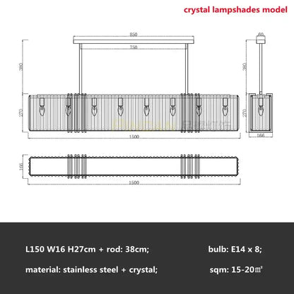 Luxury gold crystal rectangular pendant lights dining room led