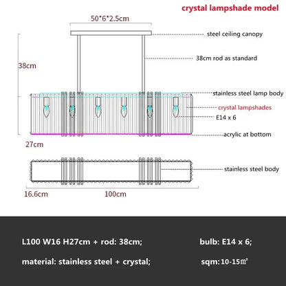 Luxury gold crystal rectangular pendant lights dining room led