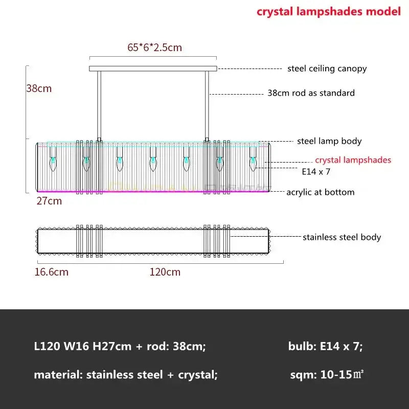 Luxury gold crystal rectangular pendant lights dining room led