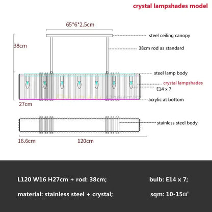Luxury gold crystal rectangular pendant lights dining room led