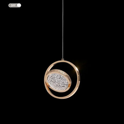 Luxury gold crystal ring pendant light bedroom rotatable lighting