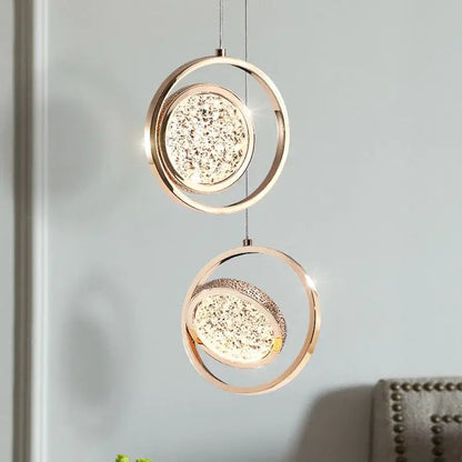 Luxury gold crystal ring pendant light bedroom rotatable lighting