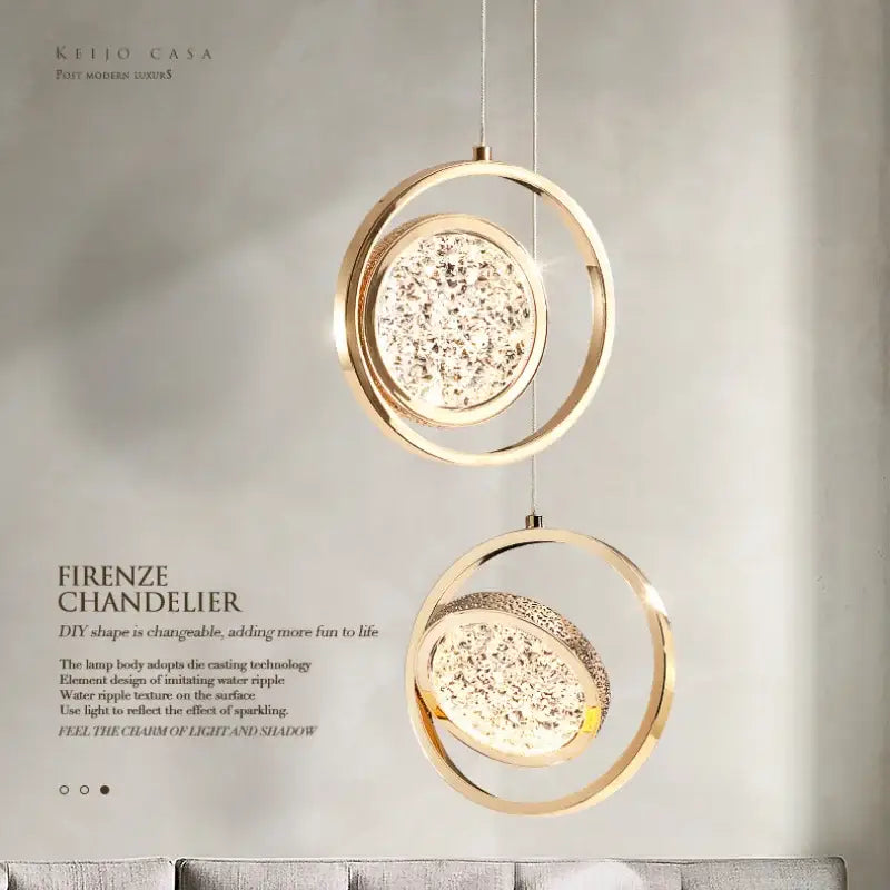 Luxury gold crystal ring pendant light bedroom rotatable lighting