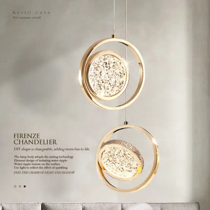 Luxury gold crystal ring pendant light bedroom rotatable lighting