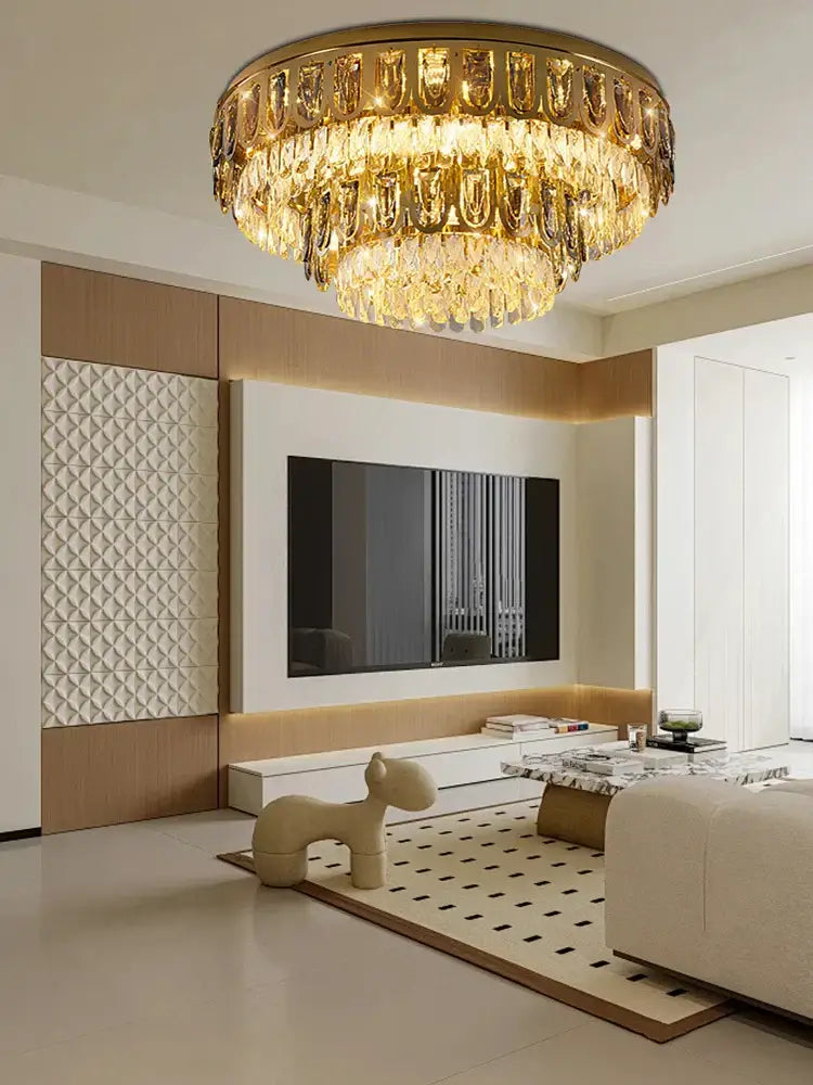 Luxury gold crystal round ceiling chandelier for dining room