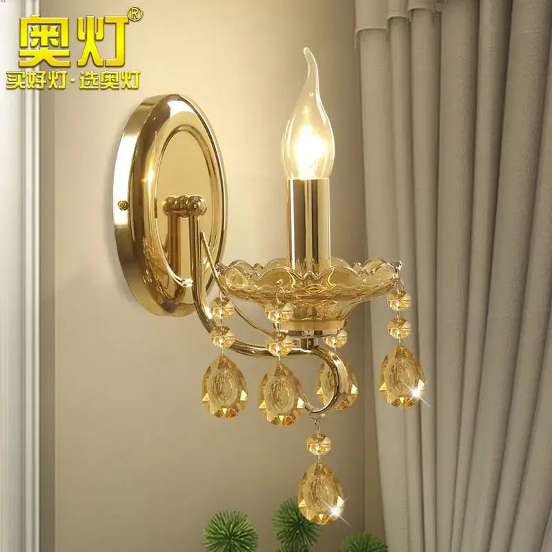 Luxury gold crystal wall sconce amber droplets bedroom light