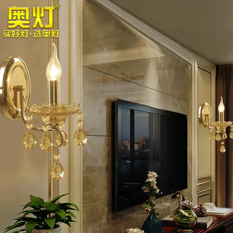 Luxury gold crystal wall sconce amber droplets bedroom light