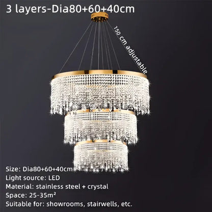 Luxury gold crystal water curtain pendant chandelier for living room