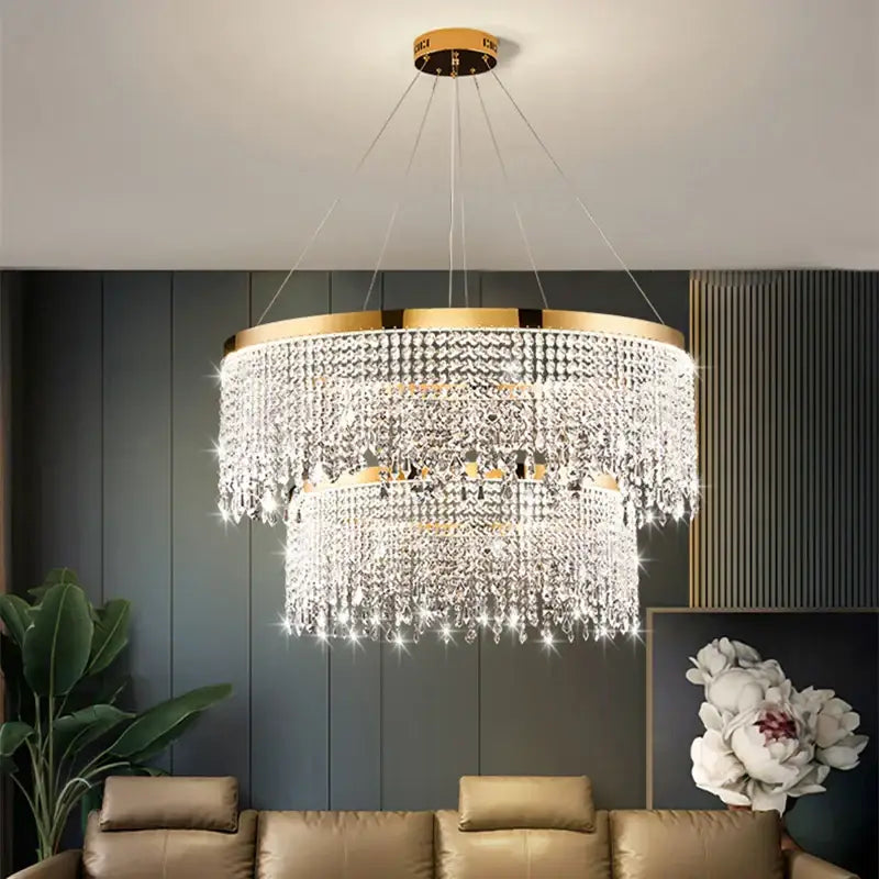 Luxury gold crystal water curtain pendant chandelier for living room