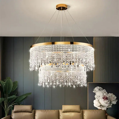 Luxury gold crystal water curtain pendant chandelier for living room