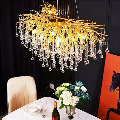 Luxury gold crystal water drop chandelier dining room light