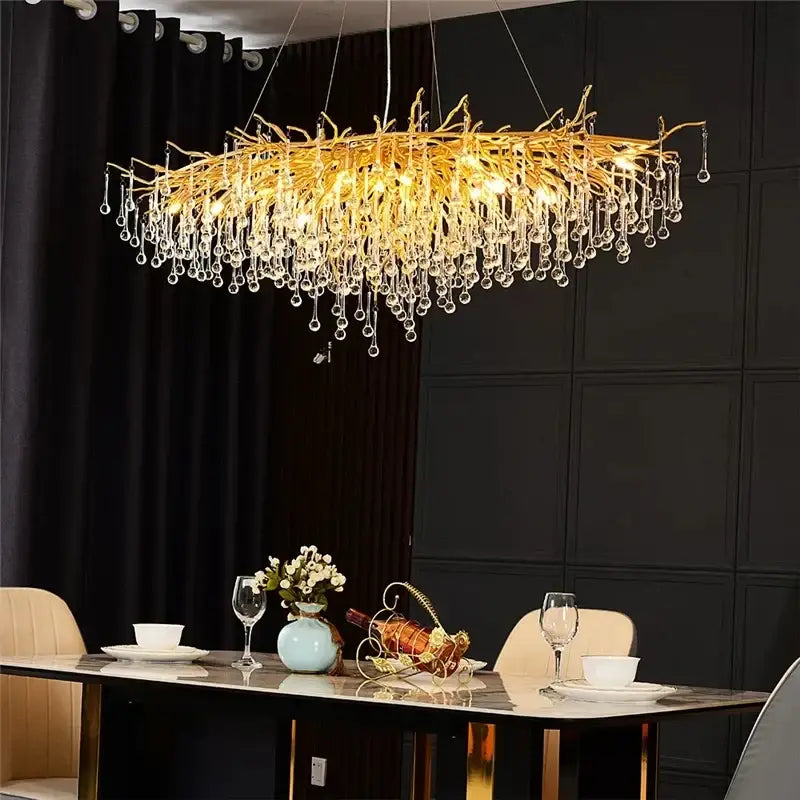 Luxury gold crystal water drop chandelier dining room light