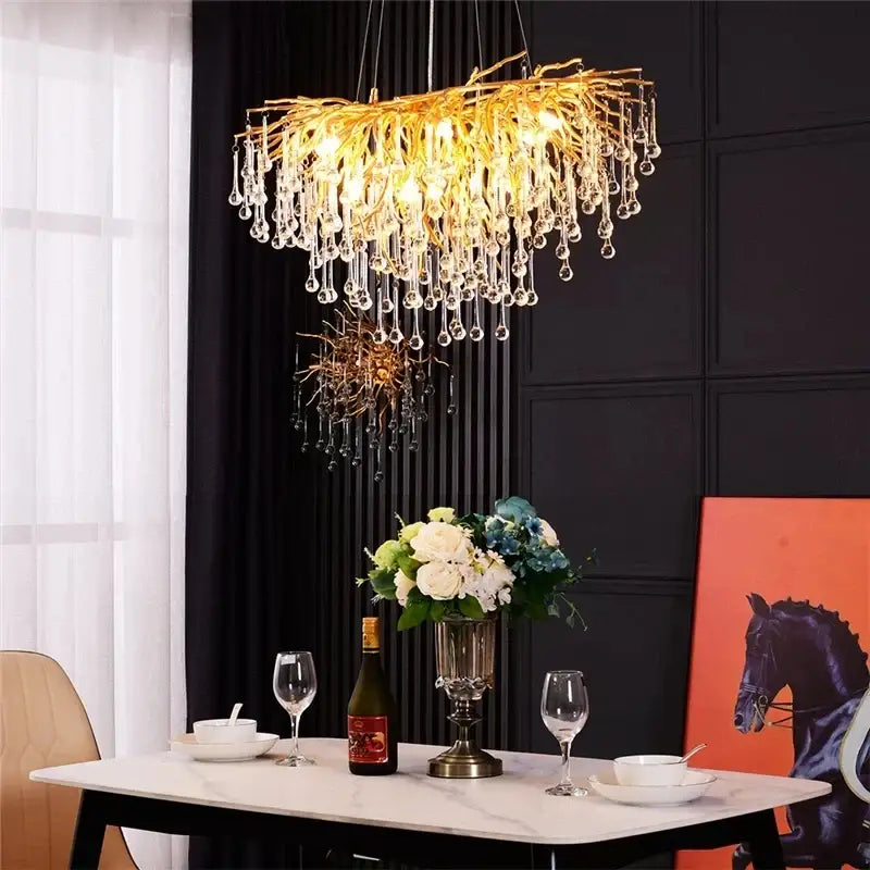 Luxury gold crystal water drop chandelier dining room light