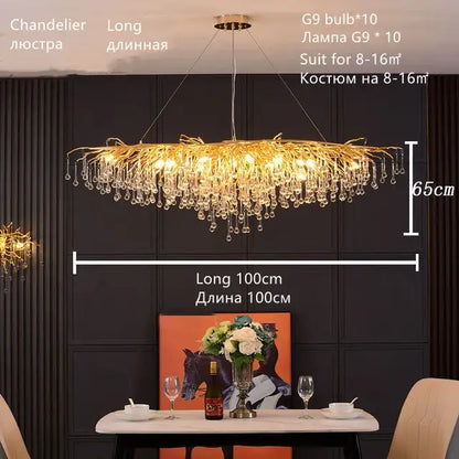Luxury gold crystal water drop chandelier dining room light