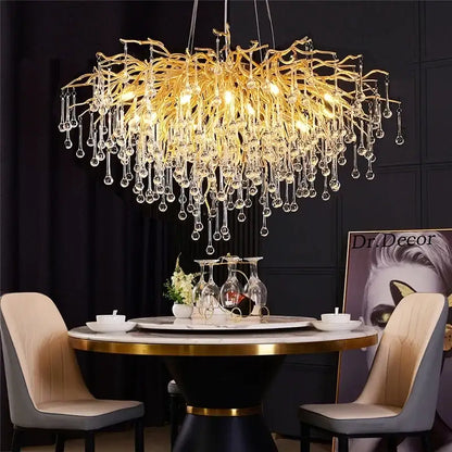 Luxury gold crystal water drop chandelier dining room light