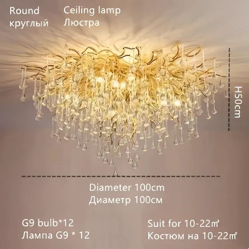 Luxury gold crystal water drop chandelier dining room light