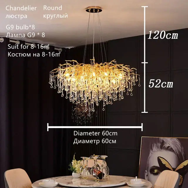 Luxury gold crystal water drop chandelier dining room light