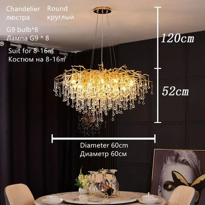 Luxury gold crystal water drop chandelier dining room light
