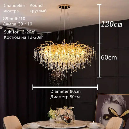 Luxury gold crystal water drop chandelier dining room light