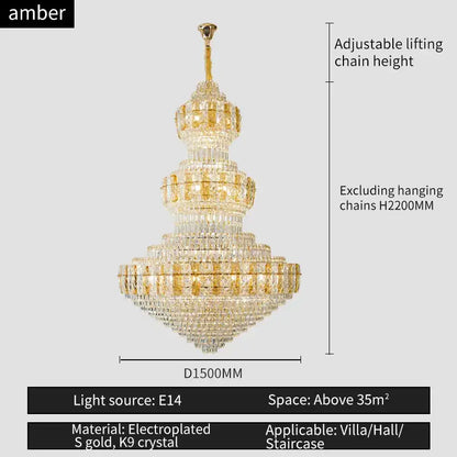 Luxury gold crystal duplex headlight living room chandelier