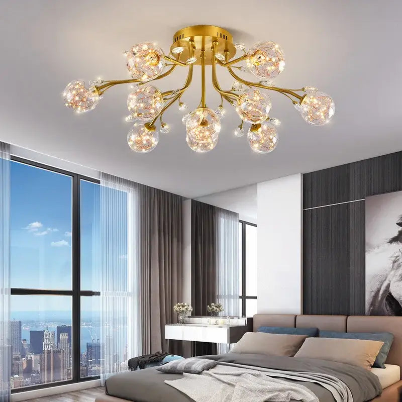 Luxury gold dendritic crystal ceiling lamp for dining room shades