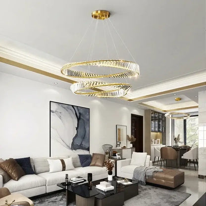 Luxury gold dna spiral crystal chandelier living room ring light