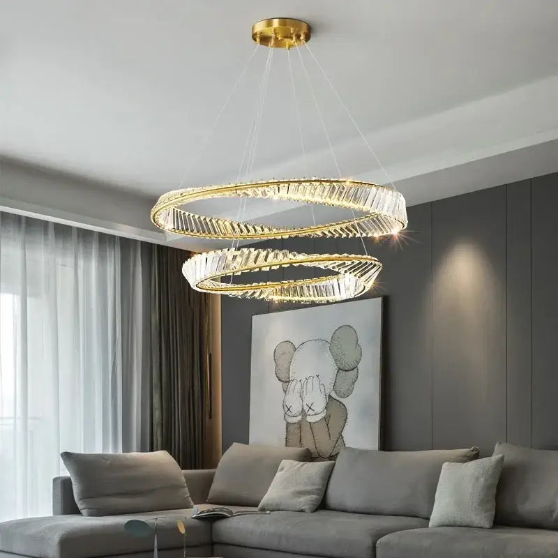 Luxury gold dna spiral crystal chandelier living room ring light